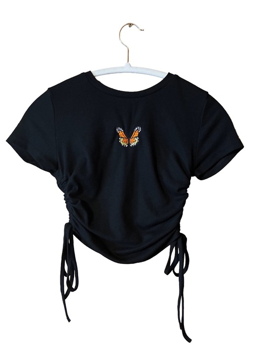 SHEIN Tops - SHEIN Black Ribbed Butterfly Side Tie Crop Top